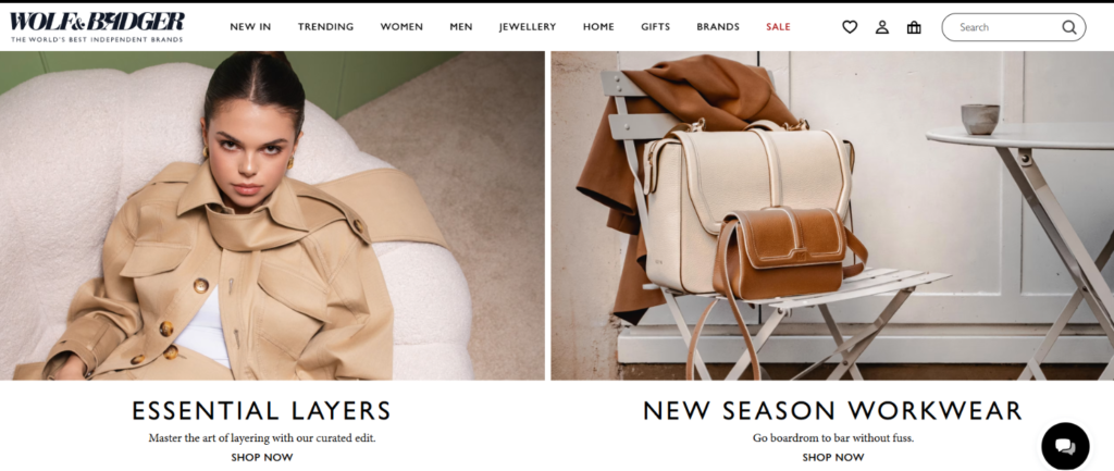 Wolf & Badger Coupon Code page showcasing women's fashion and new season workwear.